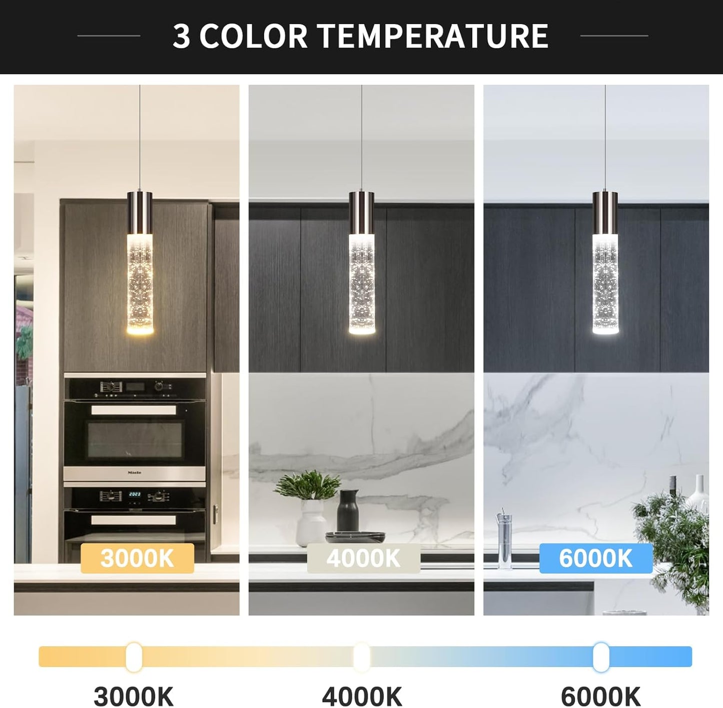 OKELI Modern Pendant Light,3Color LED Bubble Crystal Island Light Fixtures,Black Mini Pendant Lighting for Kitchen Island,Bar,6W,3000-6000K,ETL