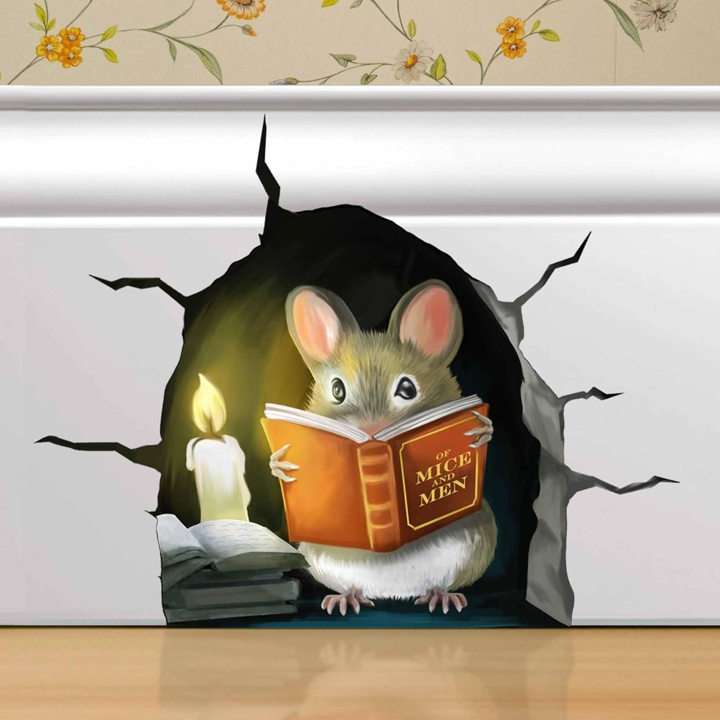 3D Mouse Reading Book in Mouse Hole, Decal Sticker, Removable Wall Decor, Book Lover Gift Idea, Baseboard, Wall Sticker Decal, Kids Room, Classroom, Library