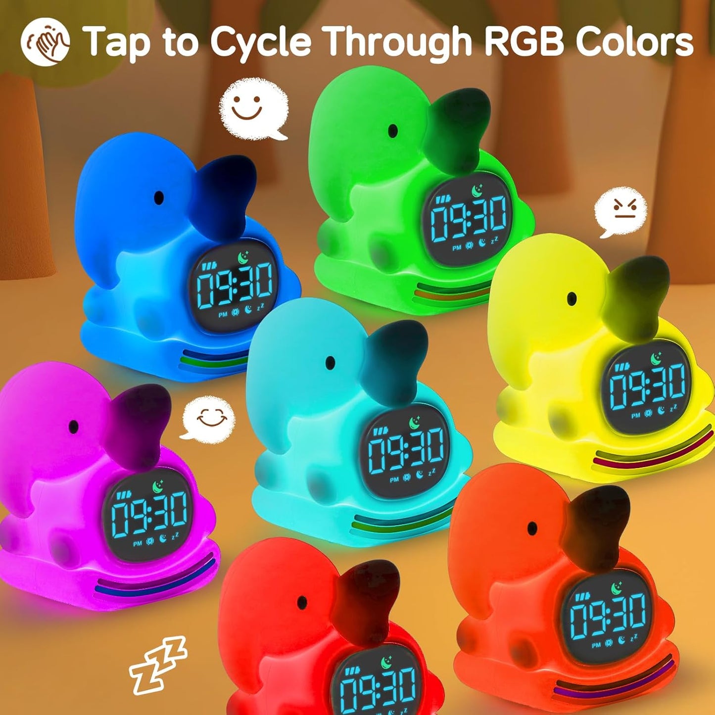 Alarm Clock for Kids with Night Light, Sleep Training Clock Time to Wake Clock, Rechargeable Silicone Light for Bedroom, Perfect Sleep Companion for Boys Girls，Blue Elephant