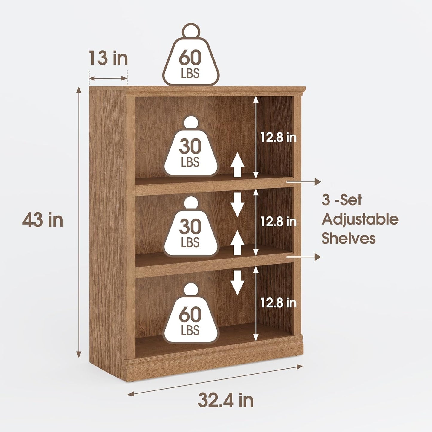43 in Tall Bookcase, 3-Tier Bookshelf Open Storage, 33 inch Wide Floor Standing Indoor Furniture, Book Cases for Home School Library Office Bedroom Kids, Oak 3 Tiers