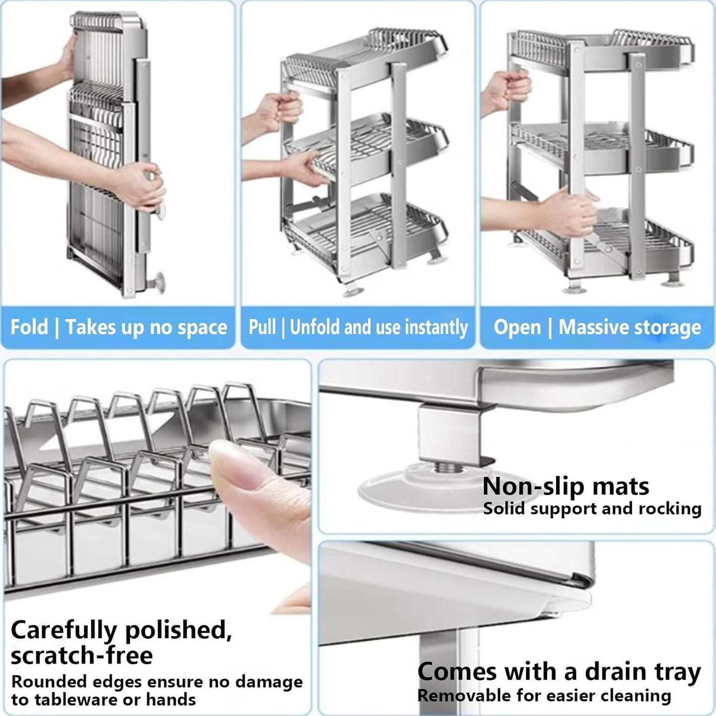 Dish Drying Rack with Drain Board - Rustproof Stainless Steel Dish Rack with Utensil Holder,Dish Racks for Kitchen Counter Over Sink,Over-Sink Drying Rack(Wall-Mounted,Third Floor)