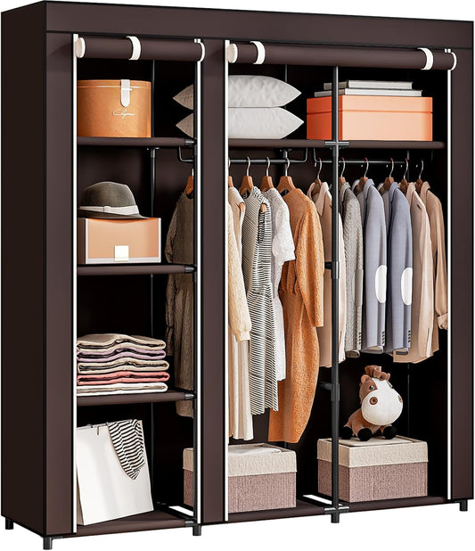 SORCEDAS Portable Wardrobe Closet Storage Organizer Metal Hanging Rack Non-Woven Fabric (Coffee, 51 Inch)