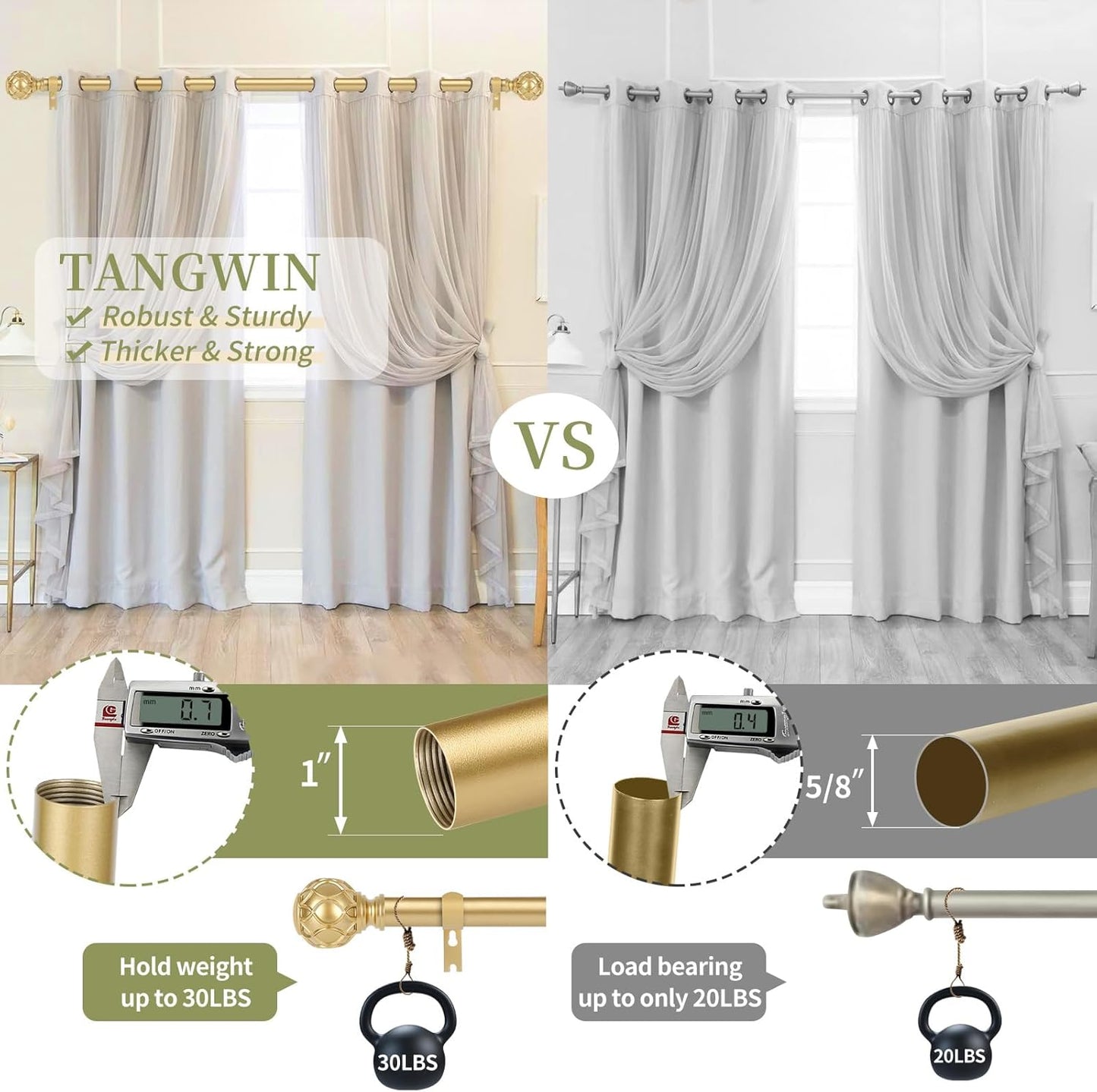 Gold Adjustable Curtain Rods for Windows:Farmhouse Heavy Duty Curtain Rod for Bedroom Living Room,Boho Decorative Rustic Drapery Rod with Vintage Coastal Finials,Brass Gold 2 Pack 66-120"