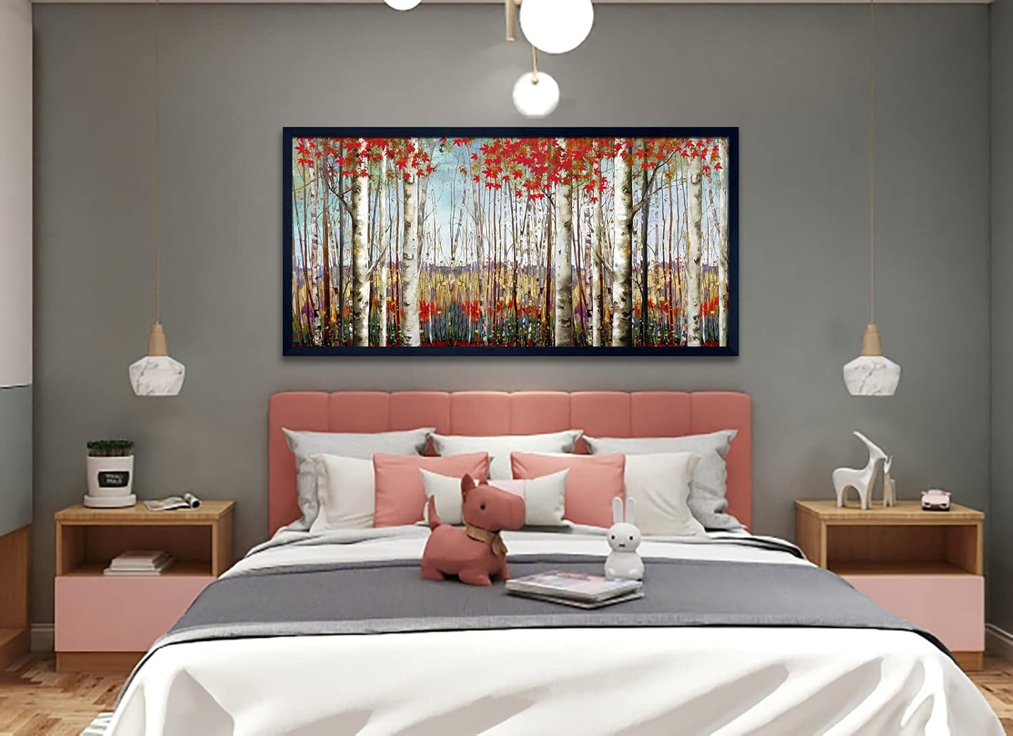 Large Framed Wall Art for Living Room Bedroom Modern Wall Decor of Red Leaves White Birch Tree Forest Giclee Painting Artwork Wall Decoration 29x58 Large Size Black Framed