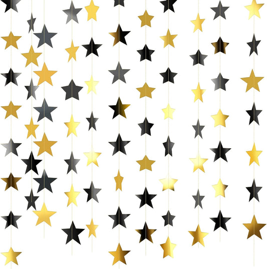 Patelai Glitter Star Garland Banner Decor 130 Feet Star Hanging Bunting Banner Twinkle Backdrop for Homecoming Classroom Wedding Birthday Halloween Christmas Party Supplies(Black, Gold)