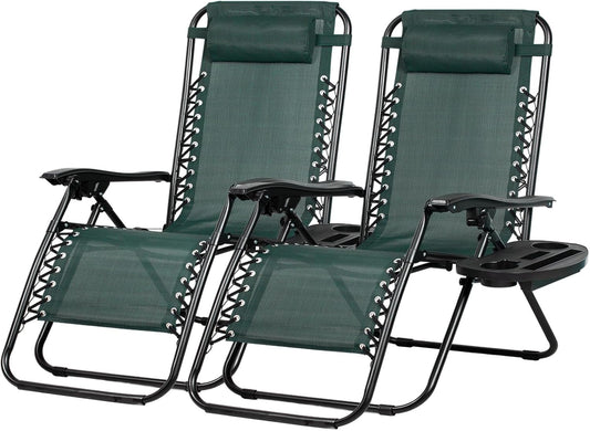 Nazhura Set of 2 Relaxing Recliners Patio Chairs Adjustable Steel Mesh Zero Gravity Lounge Chair Beach Chairs with Pillow and Cup Holder (Dark Green)