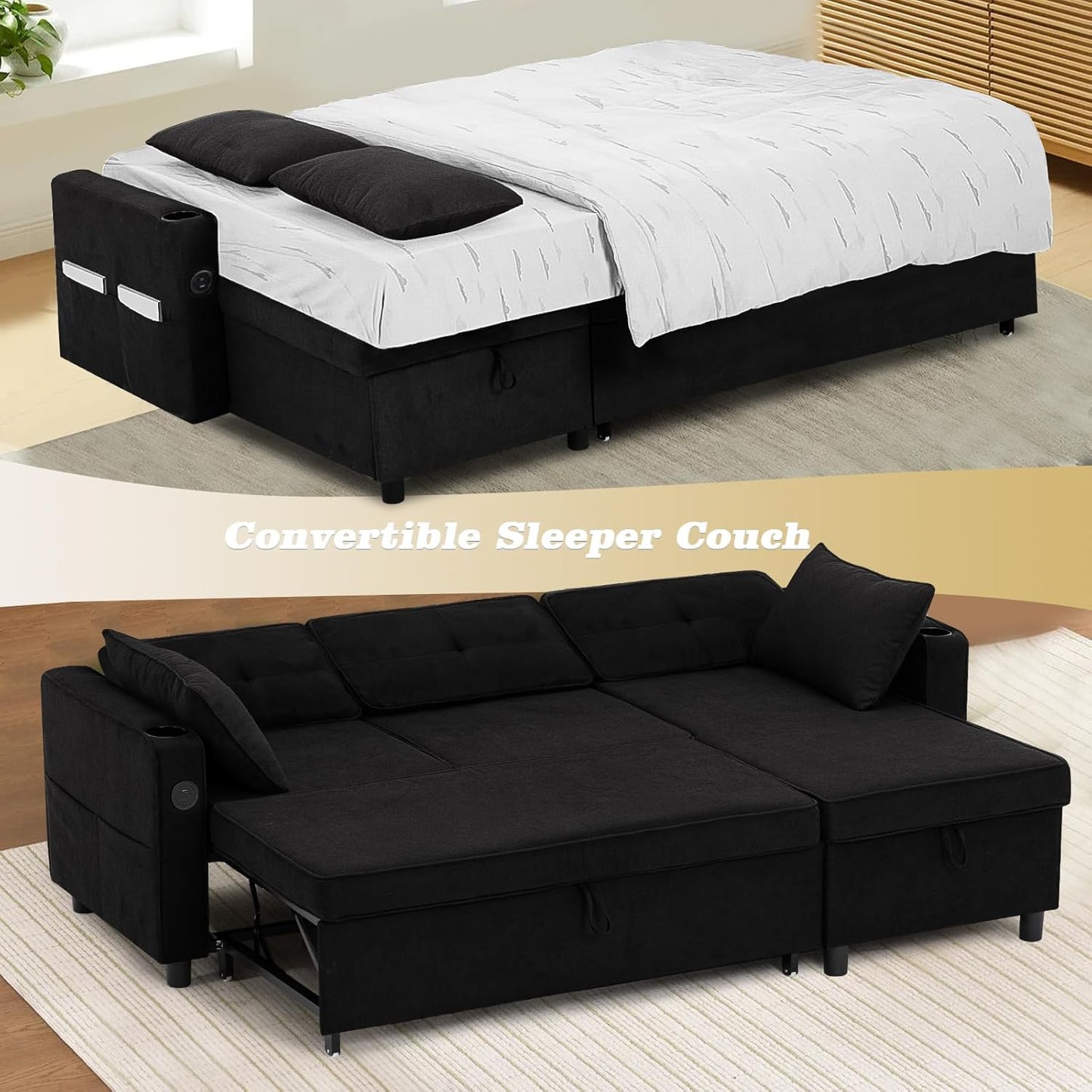 84 Inches Fabric Sectional Sofa w/Pull Out Sofa Bed & Adjustable Back, Tufted L Shaped Couch w/Storage Chaise, Sleeper Sectional Sofa w/USB Port & Cup Holders for Living Room, Black