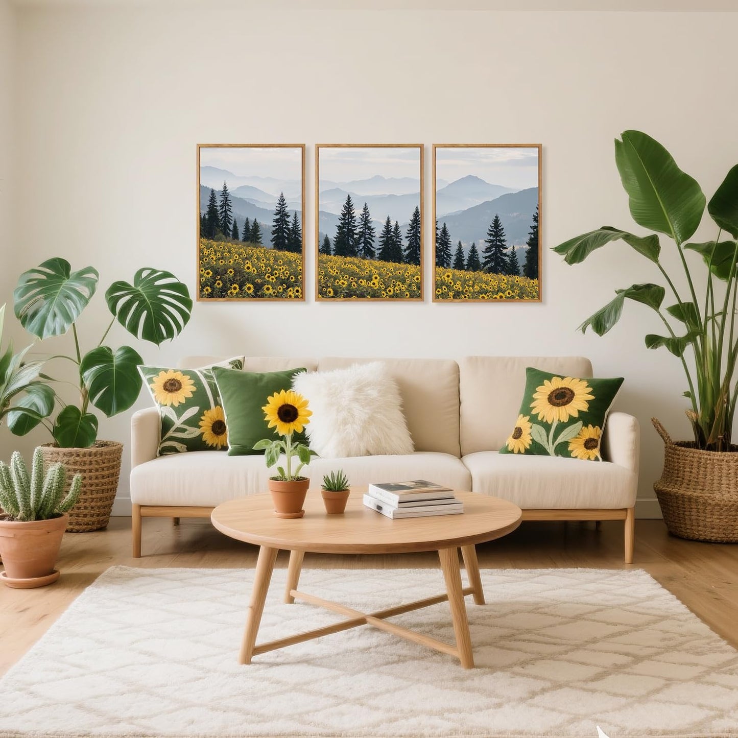 HPINUB Boho Sunflowers Landscape Framed Canvas Wall Art Set,Nature Pine Tree Wall Decor,Abstract Flowers Artwork Rustic Mountain Misty Forest Art Print for Living Room,Bedroom,Office-16 x24 x3