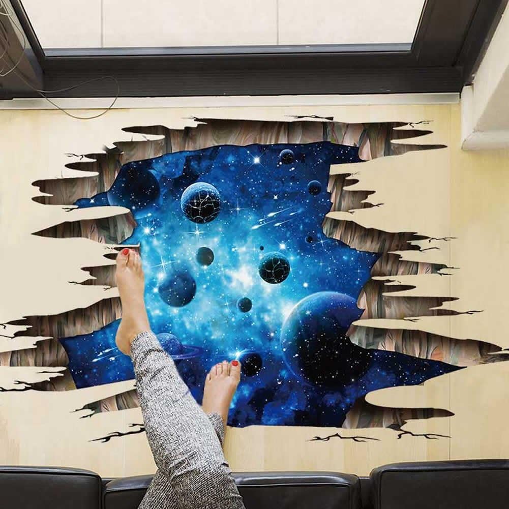 3D Space Floor Sticker,Blue Galaxy Wall Decal-Removable Mural for Kids Bedroom Living Room Milky Way Decorations