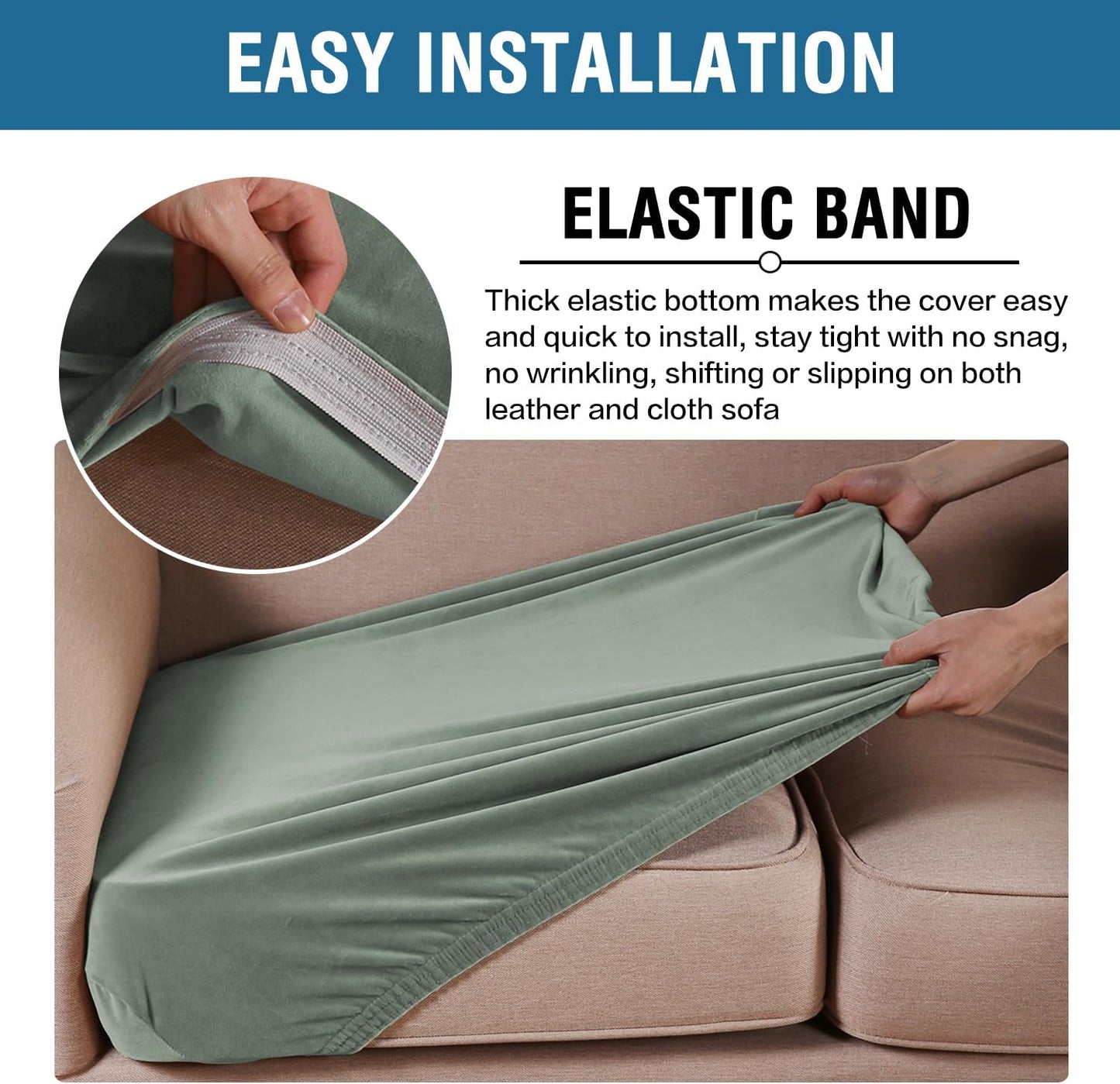 H.VERSAILTEX Velvet Stretch Couch Cushion Cover Plush Cushion Slipcover for Chair Loveseat Sofa Cushion Furniture Protector Seat Cushion Sofa Cover (3 Piece Sofa Cushion Covers, Sea Grass)