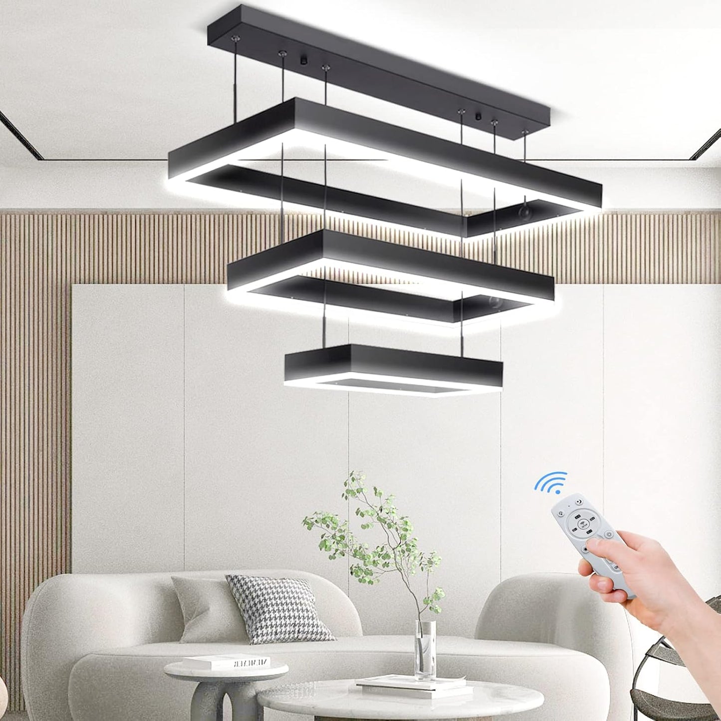 Modern 3 Rings Rectangle Chandelier for Living Room - Adjustable Height Luxury Foyer Lighting Fixture for High Ceiling, Hanging Dining Room LED Pendant Light