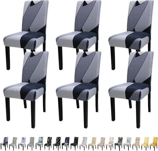 JQinHome Pattern Chair Covers for Dining Room Set of 6, High Stretch Removable Washable Parsons Chair Slipcover for Home Party Hotel Wedding Ceremony (White Grey,6PCS)