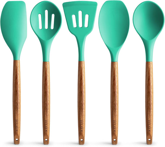 Zulay Kitchen Non-Stick Cooking Utensils Set with Authentic Acacia Wood Handles – 5-Piece Durable & Stylish Silicone Kitchen Utensils Set – Heat Resistant to 464°F – Mint