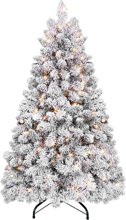 4 ft Prelit Flocked Christmas Tree with Pine Cones & 150 UL Lights, Snow Frosted Artificial Christmas Tree with Auto Hinged Stand for Holiday Decor