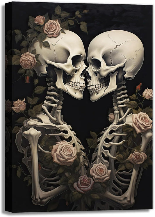 OAAPITI Vintage Skeleton Canvas Wall Art Gothic Painting Artwork Retro Rose Skull Art Poster Abstract Romantic Theme Picture Halloween Living Room Decor(Artwork-4,12"x18")