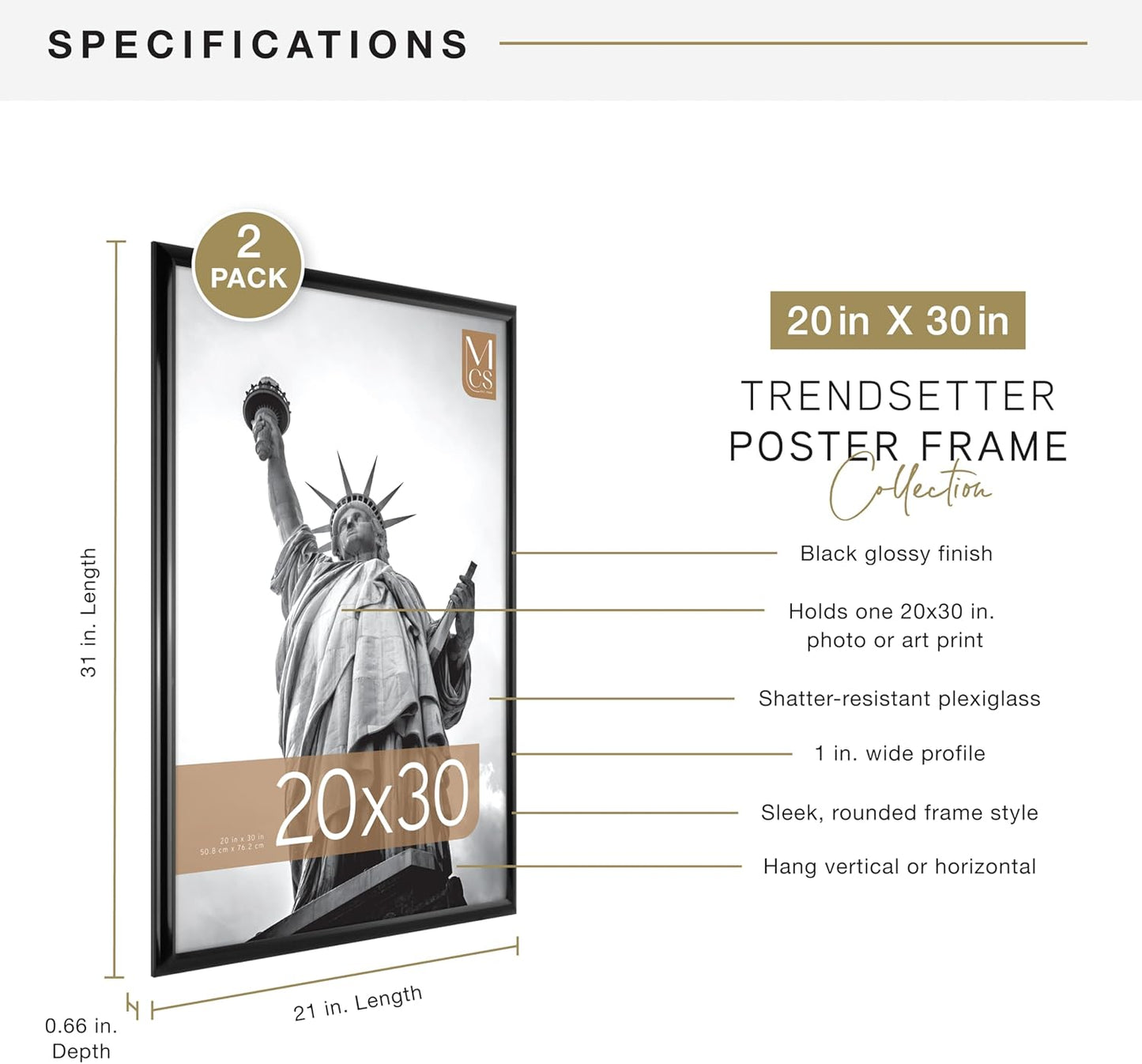 MCS Trendsetter 20x30 Poster Frame Black High-Gloss, Vertical & Horizontal Wall Hanging Large Picture Frame for Photos, Posters & Art Prints (2-Pack)