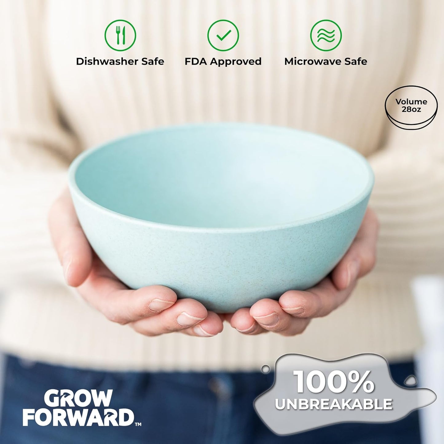 Grow Forward Premium Wheat Straw Bowls - 27oz Microwave Safe Plastic Cereal Bowls Set of 8 for Kitchen, Camping, RV, Dessert, Snack, Soup, Salad, Fruit - Reusable, Unbreakable & BPA Free - Seascape