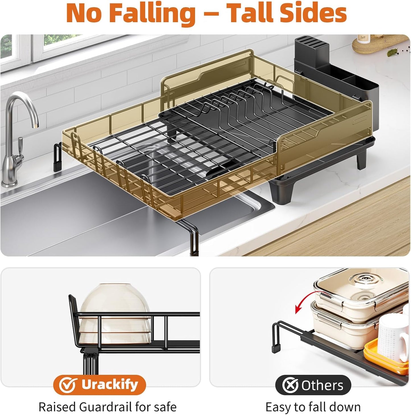 Extendable Dish Drying Rack, Multifunction Dish Rack for Kitchen Counter, Expandable Dish Drainer Over Sink, Large Dish Strainer with Cups Holder, 1 Tier Black