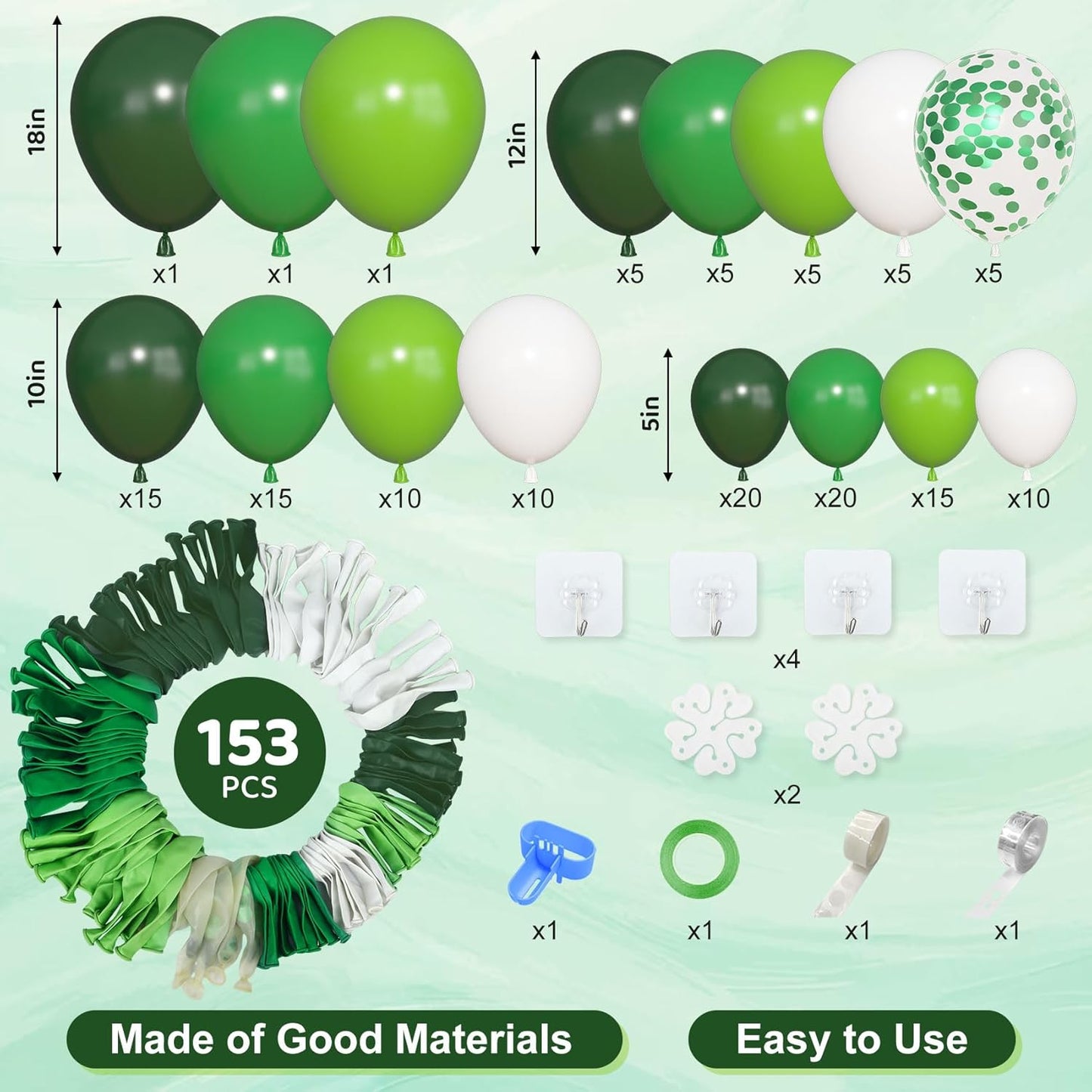 Amandir 153pcs Green Balloons Arch Garland Kit, Different Sizes 18 12 10 5inch Dark Emerald Light Lime Green Latex Confetti Balloon for Safari Jungle Baby Shower Birthday Graduation Party Decorations