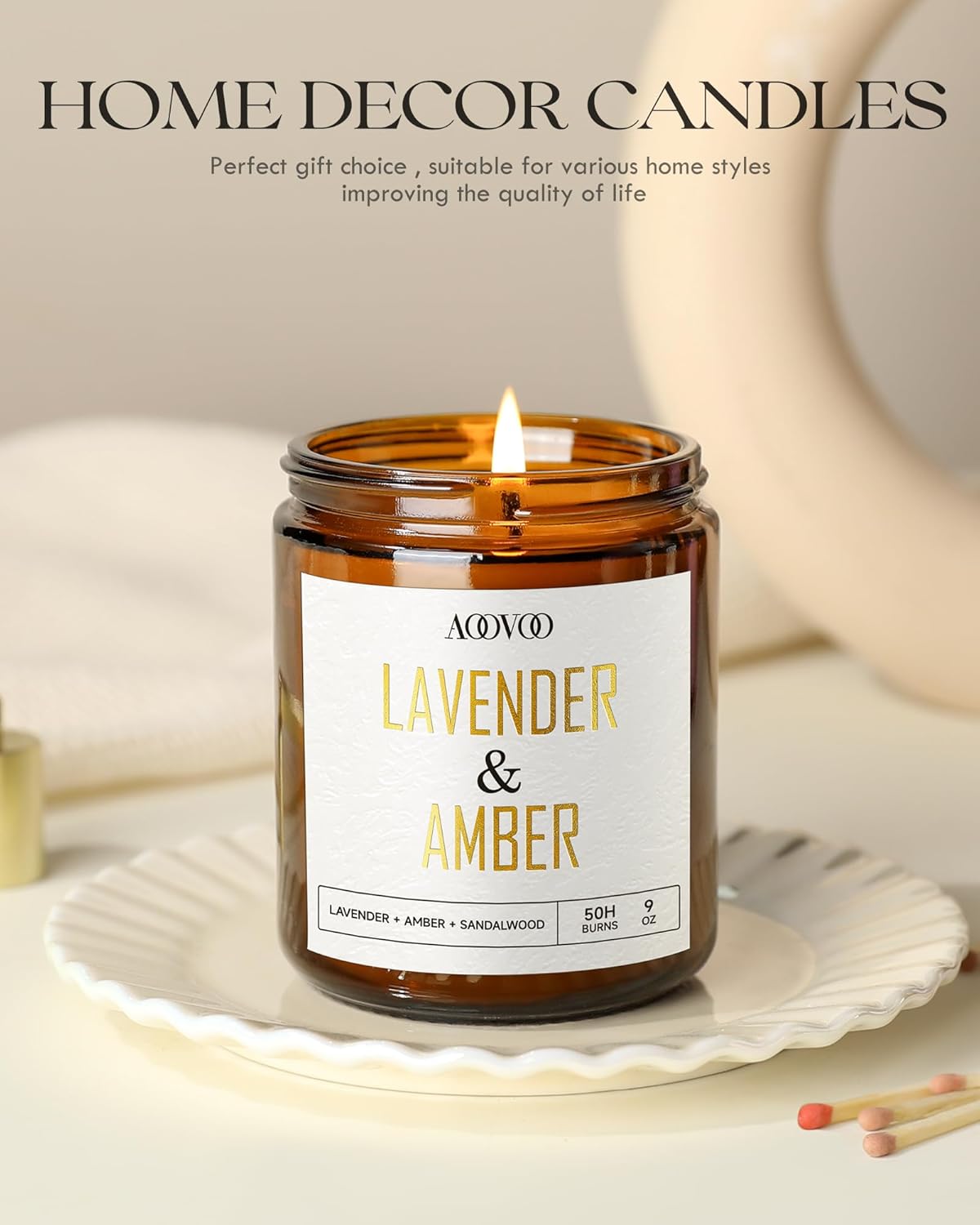AOOVOO Lavender Amber Candles - 9 oz Scented Candles, Aromatherapy Candle, Soy Candle for Home Scented