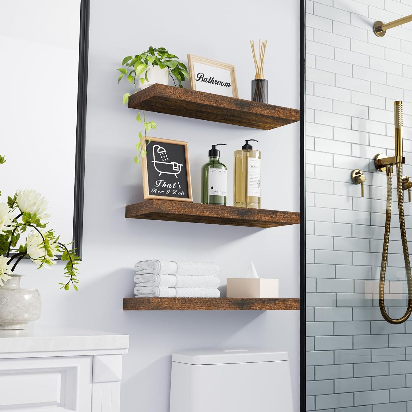 BAYKA Bathroom Floating Shelves for Wall – Bathroom Shelf Over Toilet Farmhouse Rustic Wood for Bedroom, Kitchen, or Living Room Decor – Rustic Brown, Set of 3, Sturdy Storage with 22lb Capacity
