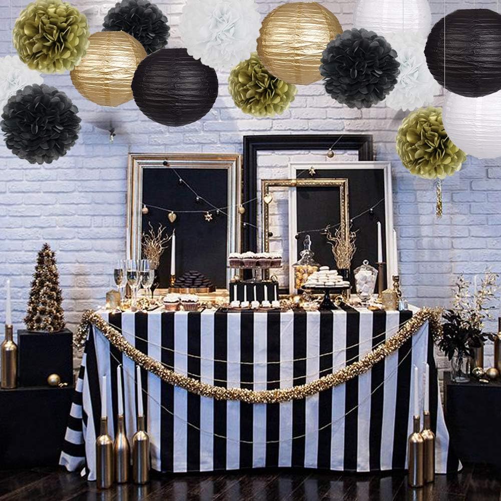 Black Gold Party Decorations, Black Gold Paper Lanterns and Pom Poms Flowers for Birthday Party Graduation Masquerade New Years Party Decor 15PCS