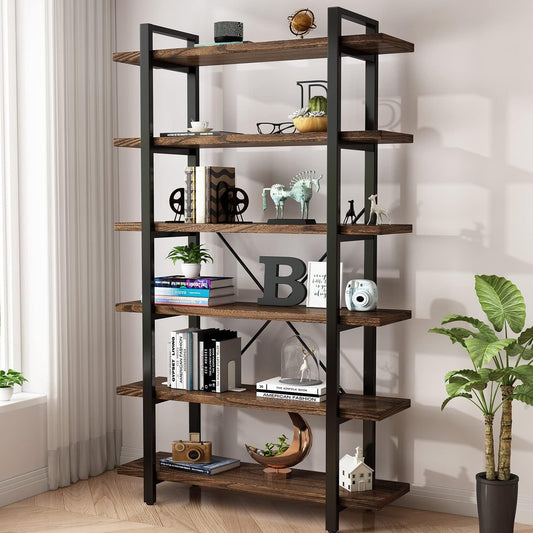 Solid Wood Bookcase and Book Shelves Wood and Metal Shelving Unit 6 Tier Bookshelf Modern Rustic Open Bookshelf Office,Distressed Brown (AY-02-6Tier)