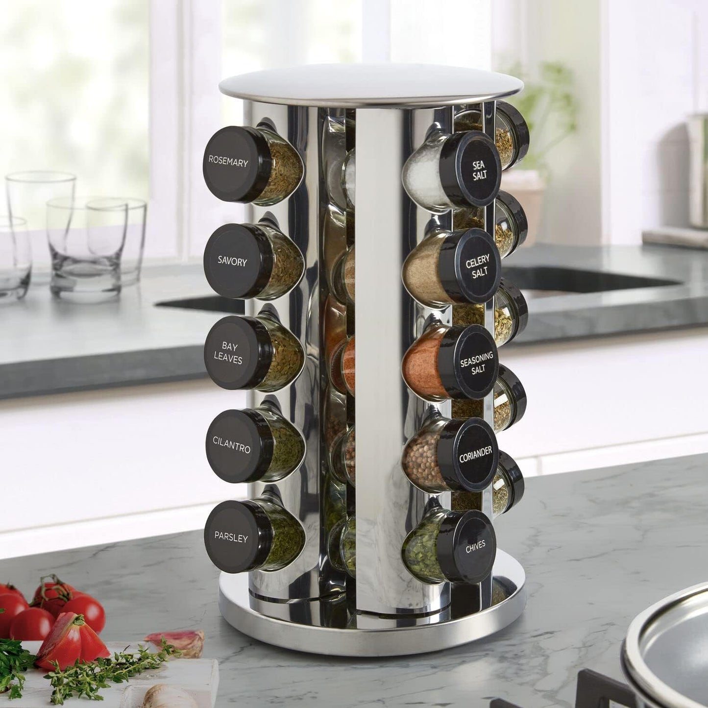 Kamenstein 20 Jar Revolving Countertop Spice Rack with Spices Included, FREE Spice Refills for 5 Years, Polished Stainless Steel with Black Caps, 30020 (Pack of 3)
