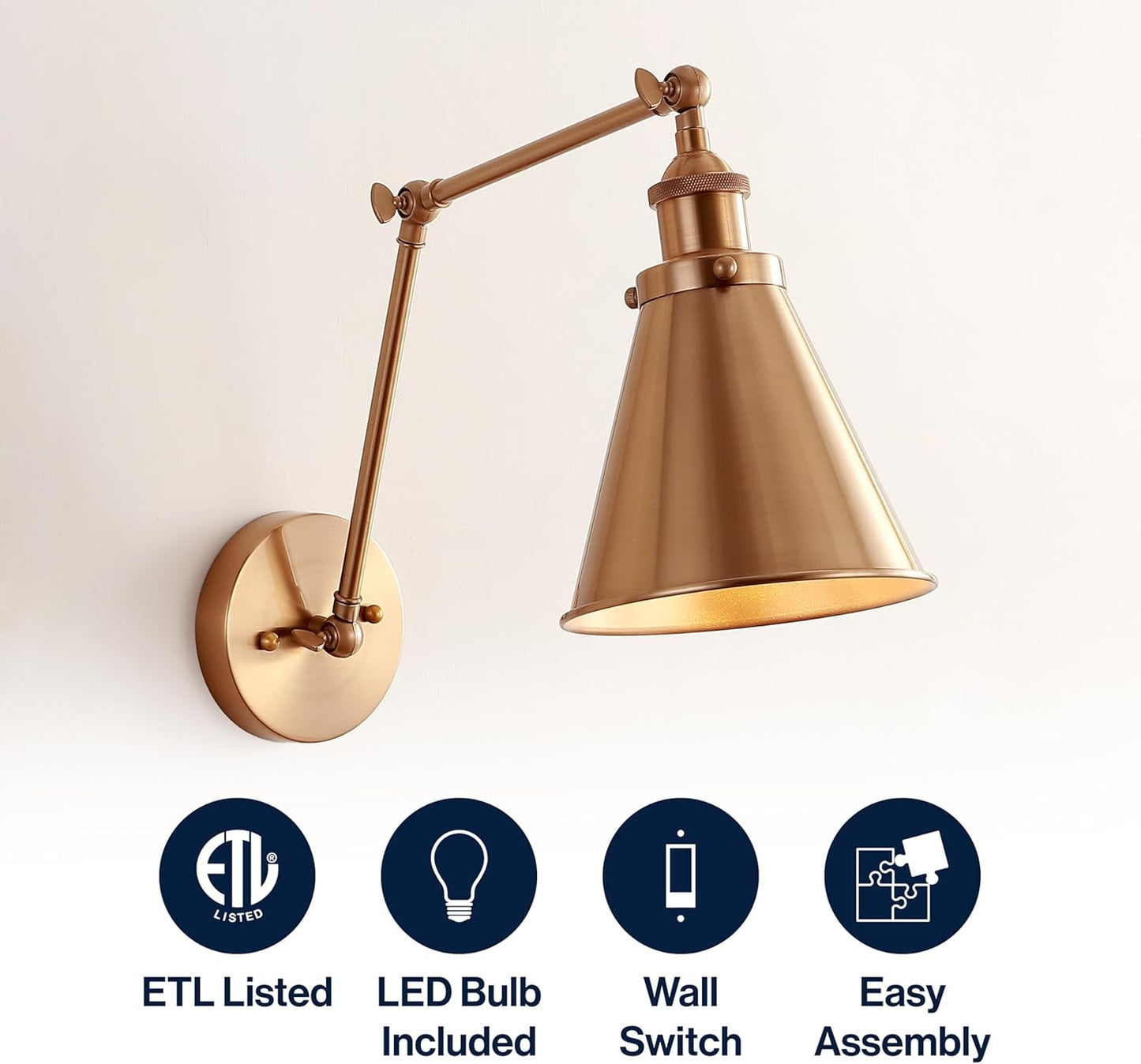 JONATHAN Y JYL7461A Rover 7" Farmhouse Industrial Adjustable Arm Metal LED Wall Sconce Rustic Bohemian 2700K LED 4W Bulb for Entryway Lobby Kitchen Bathroom Bedroom Living Room Hallway, Brass Gold