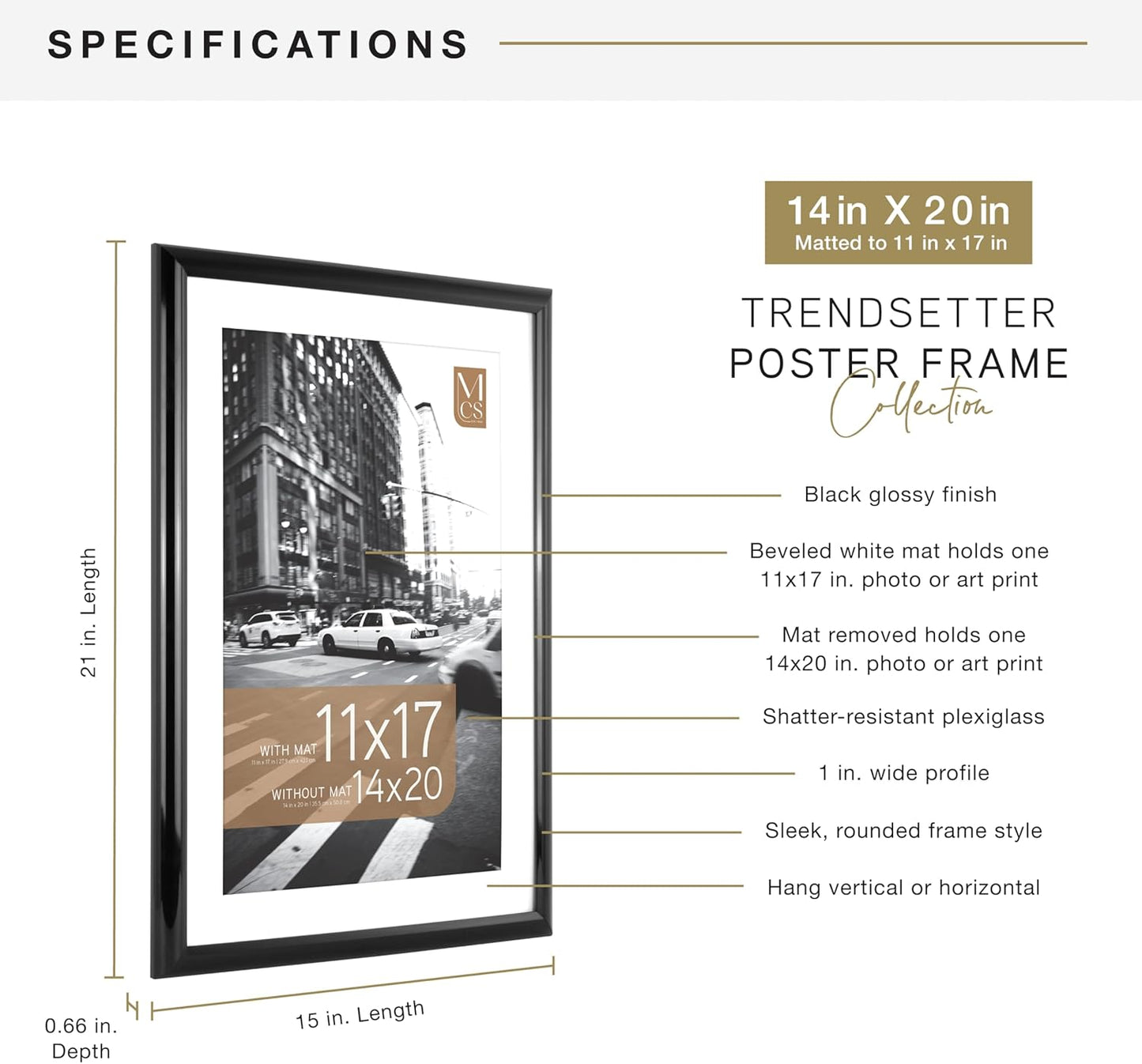 MCS Trendsetter 14x20 Matted Poster Frame with 11x17 Picture Display, Black Vertical & Horizontal Wall Hanging Large Picture Frame for Photos & Posters (1-Pack)