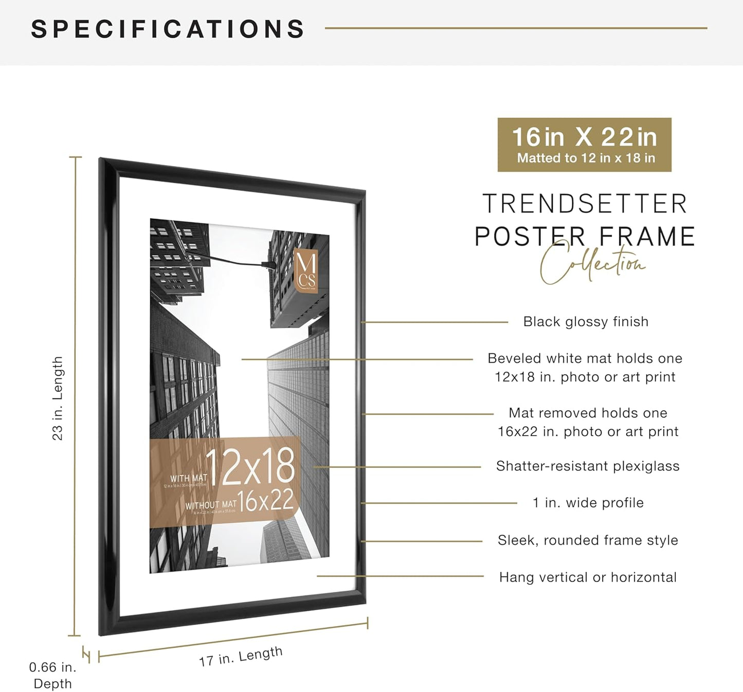 MCS Trendsetter 16x22 Matted Poster Frame with 12x18 Picture Display, Black Vertical & Horizontal Wall Hanging Large Picture Frame for Photos & Posters (1-Pack)