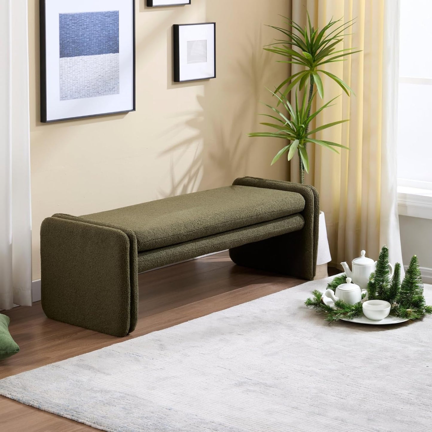 Green Boucle Bench 50" Sherpa End of Bed Bench Modern Upholstered Bench for Bedroom Entryway Living Room Vanity Makeup Room, Teddy Fabric Bench with Seating