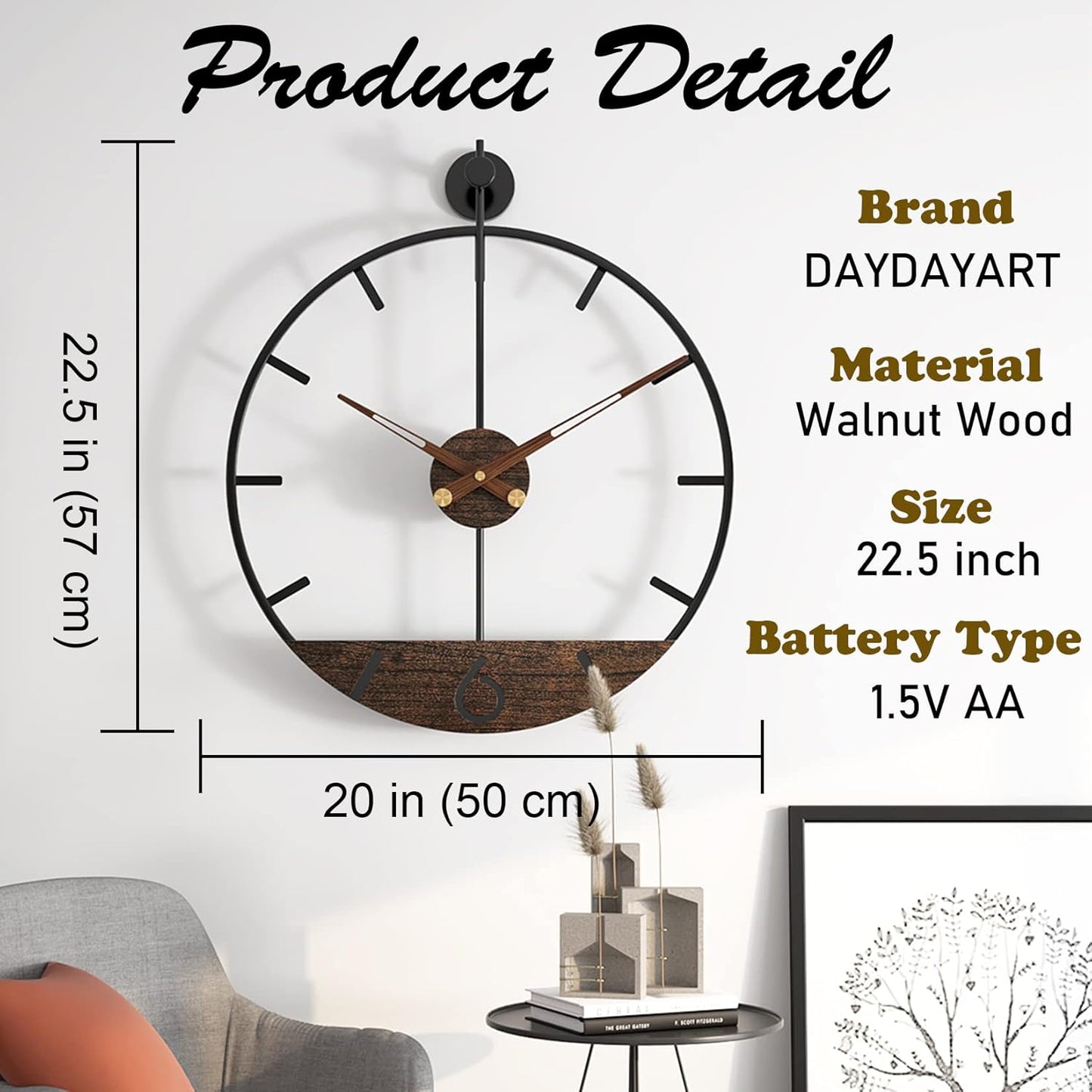Modern Wood Walnut Dial Wall Clock, Large Simple Wall Decor Metal Frame Silent Non Ticking Clock for Living Room Decor, Kitchen, Bedroom, Study Decoration, Handmade Home Gift Idea, 22.5 in