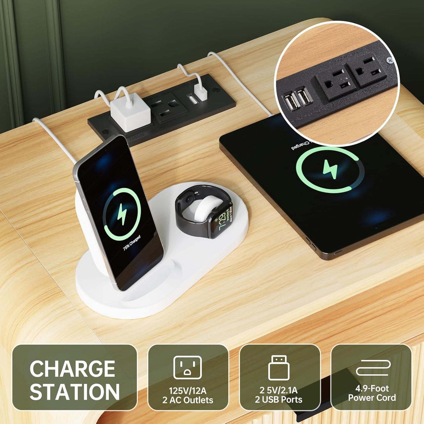 FURSUN 24" Fluted Nightstand Set of 2 with Charging Station, Wooden End Table with 2 Drawers Storage, Curved Profile Design, Modern Bedside Cabinet for Bedroom Living Room, Natural Oak