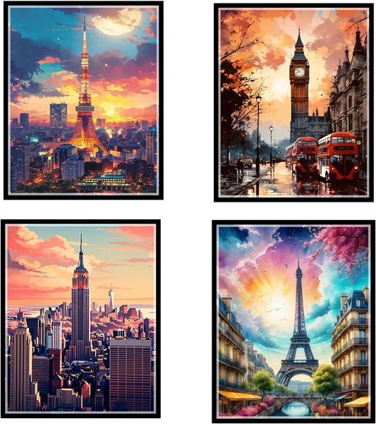 Boho Wall Art Decor,New York, London, Tokyo, Paris, Eiffel Tower,City Wall Decor Art,Modern Landscape Wall Art for Living Room Bedroom Prints Poster,8x10 Inch Set of 4,Framed