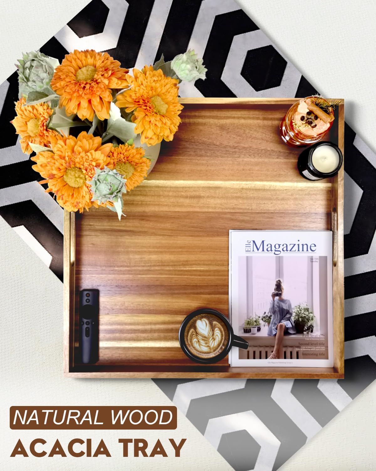 22 Inches Square Acacia Wood Ottoman Tray, Extra Large Wooden Serving Tray with Handles for Living Room, Serving Food Breakfast, Ottoman Coffee Table Couch Sofa Kitchen