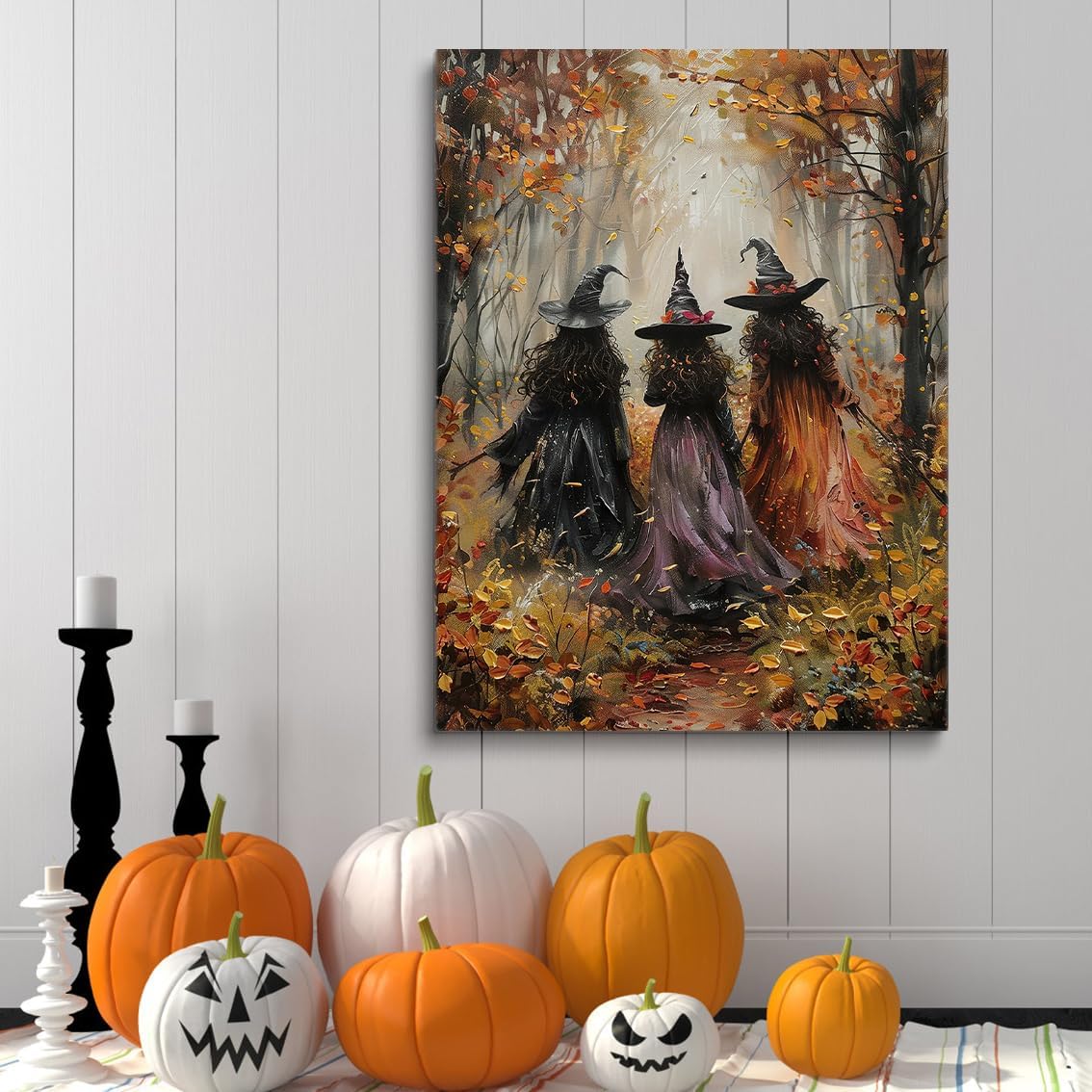 Vintage Three Witches In The Forest Painting Witch Print Witchy Canvas Print Halloween Wall Art Halloween Decor Witch Poster Dark Academia Gothic Room Decor for Dorm Bedroom 12x16in Frame wall art