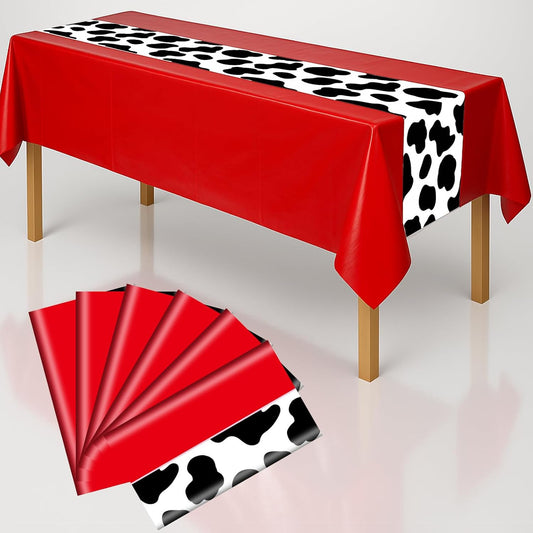 6 Pack 108 x 54 Inch Cow Print Tablecloth Cow Plastic Table Cover Birthday Party Table Cloth Disposable Plastic Farm Animal Party Cover for Disco Cowgirl Decorations Supplies Red