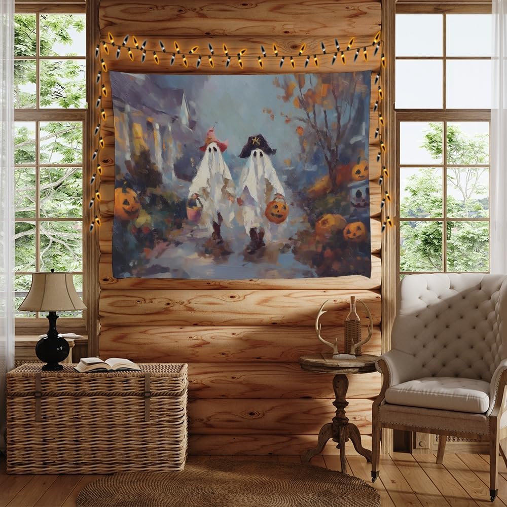 Funny Halloween Ghost Tapestry Wall Hanging Cute Kids Nursery Room Decor Trick or Treat Art Print Goth Fall Pumpkin Ghost Tapestries for Living Room Bedroom wall Decor 50x60inch