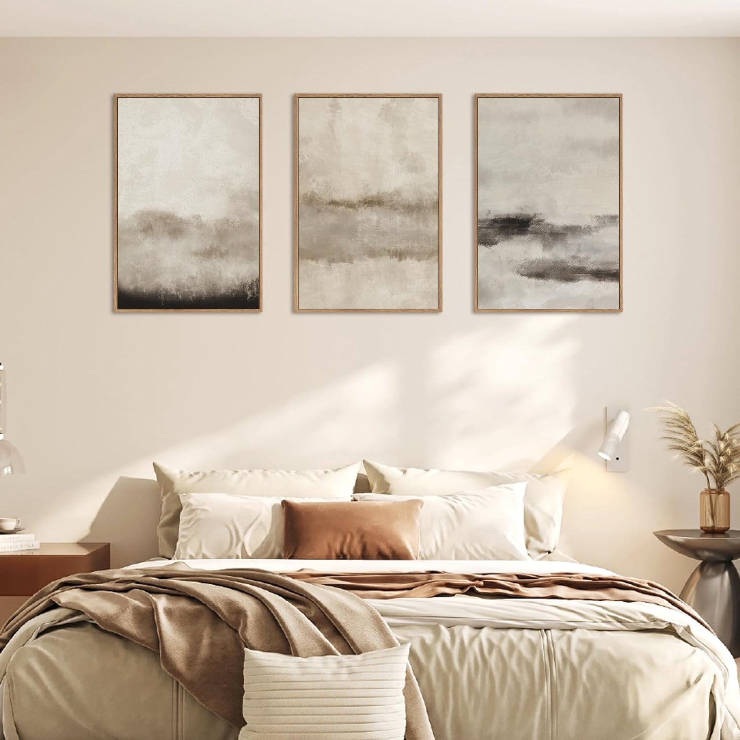 HPINUB Large Abstract Framed Canvas Wall Art Set,Minimalist Beige Gray Pastel Watercolor Wall Decor,Modern Illustration Neutral Art Painting for Living Room,Bedroom,Dining Room,Office -24"x36"x3