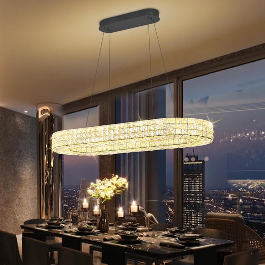 Modern Crystal Chandelier, Dia 40" Rectangular Chandelier for Dining Room,Black Rectangle Crystal Ceiling Light Luxury Oval Chandeliers for Living Room Kitchen Island