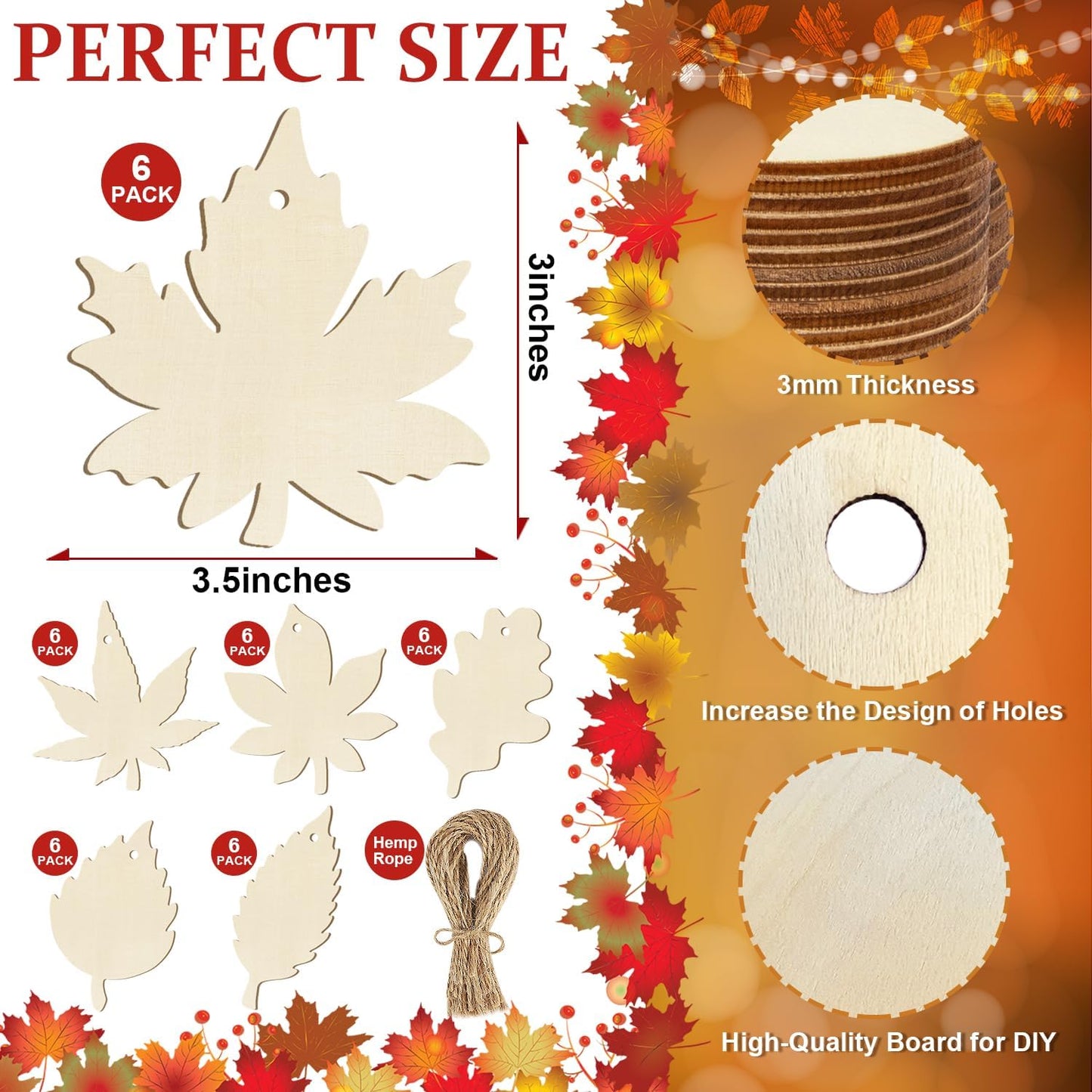 36PCS Wooden Fall Ornaments to Paint Thanksgiving Decorations, 6 Styles DIY Blank Autumn Unfinished Wood Maple Leaves Turkey Pumpkin Halloween Cutouts Ornament for Crafts Birthday Party Gifts Hanging