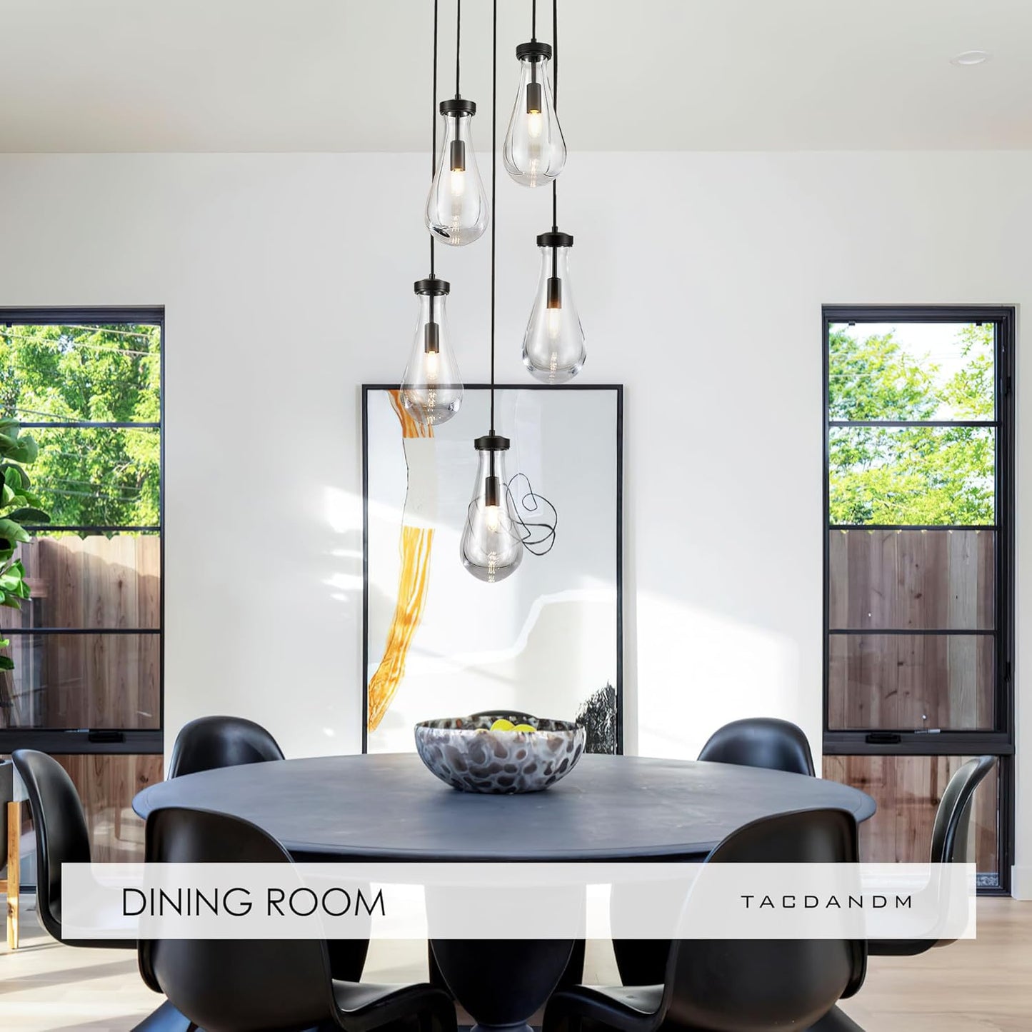 5-Light Raindrop Pendant Light Fixtures, Black Glass Pendant Lighting, Teardrops Modern Hanging Light for Entryway Foyer Kitchen Island Dining Living Room Hallway