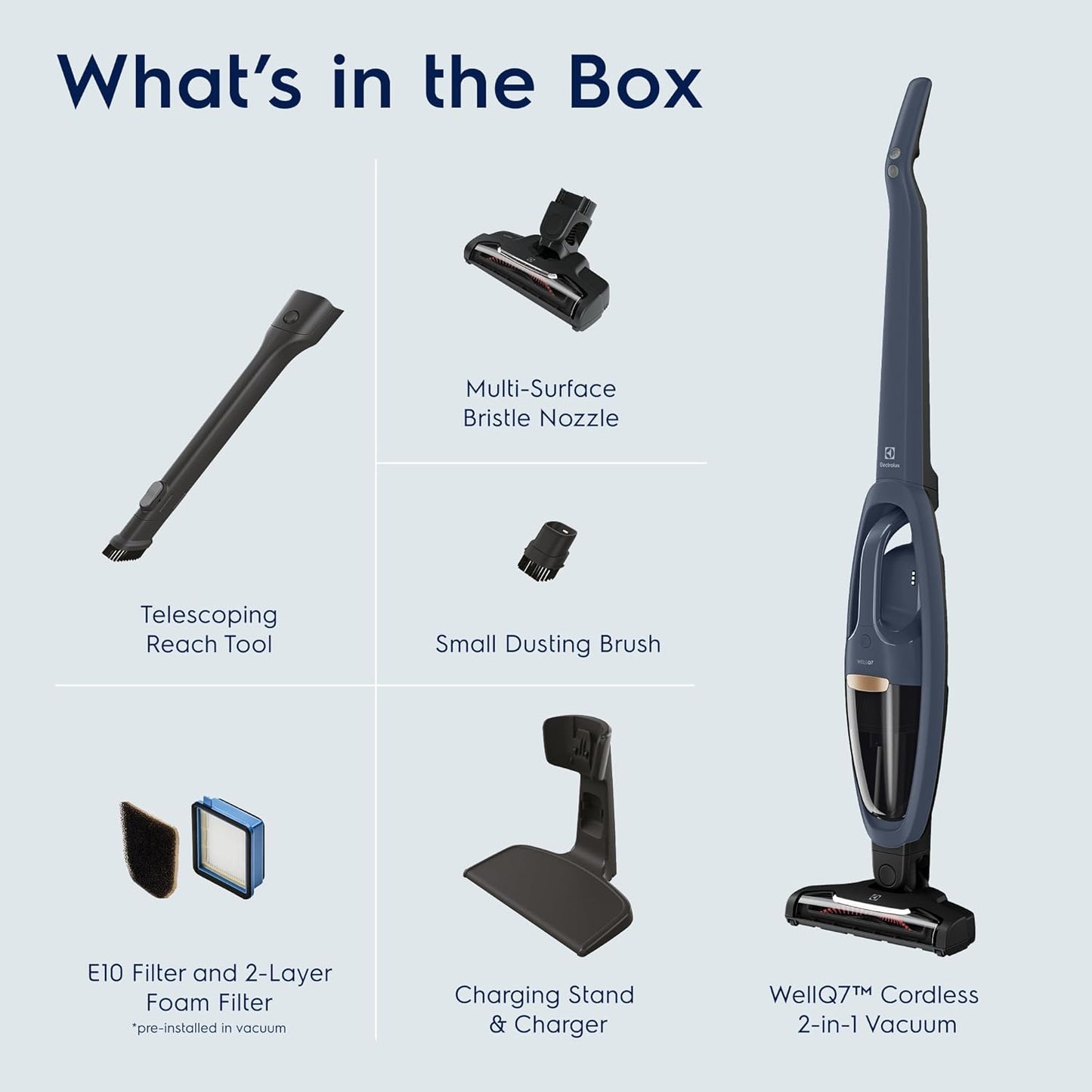 Electrolux WellQ7 Cordless 2-in-1 Vacuum with High Suction Power and 5-Step Filtration System, 50-Minute Run Time, 2 Power Modes, Denim Blue