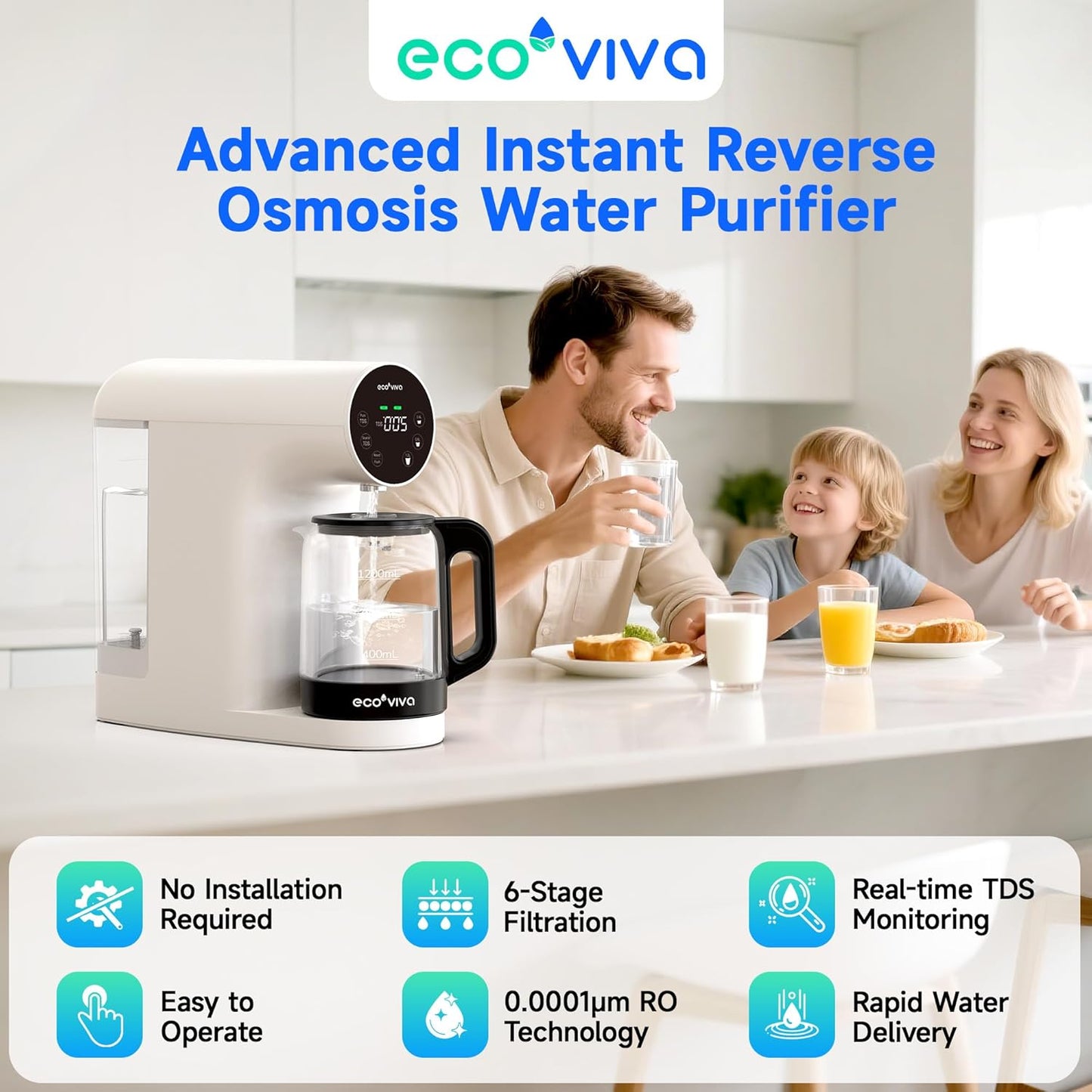 Ecoviva Countertop Reverse Osmosis Water Filter, 6 Stage RO Water Filtration System with Glass Carafe, TDS Displayr, 3:1 Pure to Drain, Portable No Installation Water Purifier White