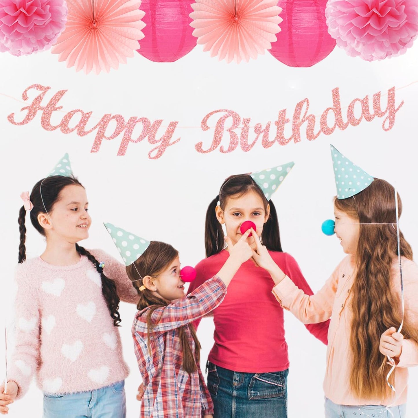 Hot Pink Birthday Party-Decorations Paper-Flowers - 14pcs Happy Banner Girl Lanterns Tissue Pom Poms,Women Streamers Garland Fans,21st 18th Princess Baby Sweet 16 Pretty Hanging Supplies Decor Hugfond