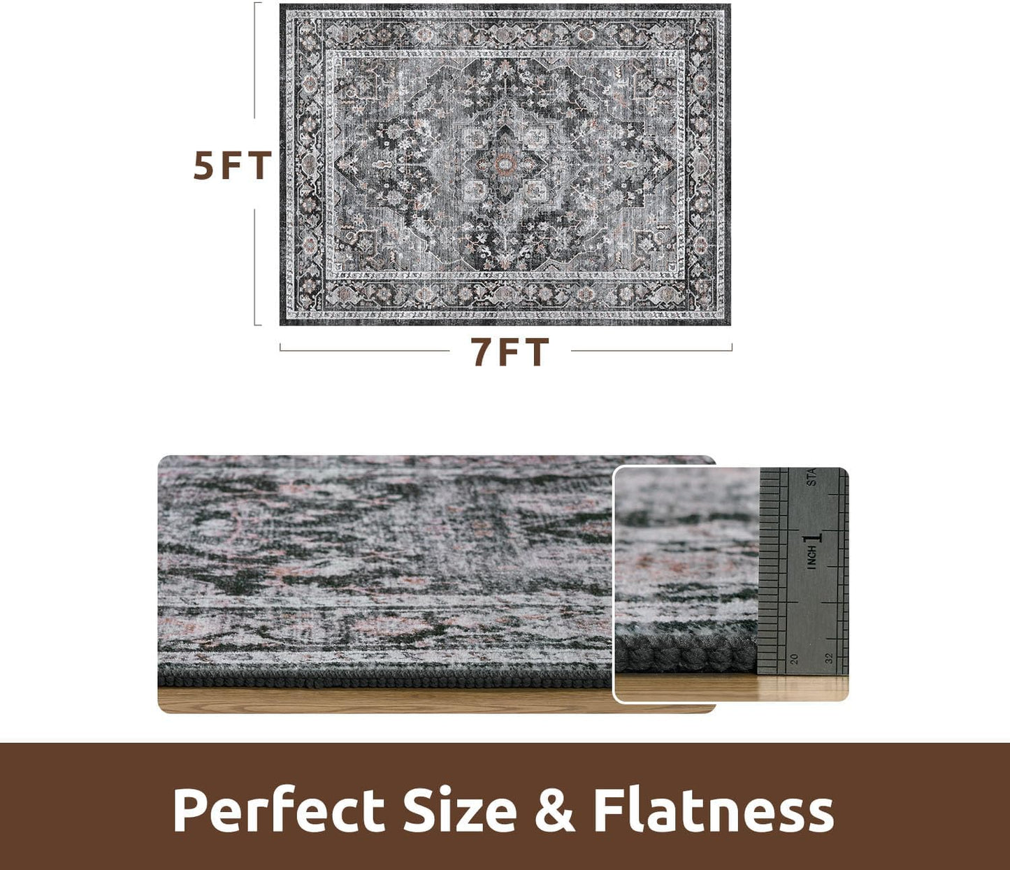 AMOAMI-Area Rug 5X7 Rugs for Living Room-Vintage Soft Black Rugs for Bedroom-Non Slip Carpet-Machine Washable Rug for Dining Room Living Room Bedroom Office Under Table Dark Grey & Black