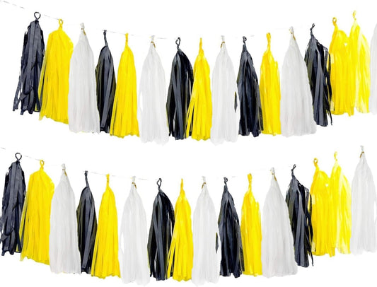 Black Yellow and White Paper Tissue Tassel Garland Banner for Party Decorations,15 Pcs