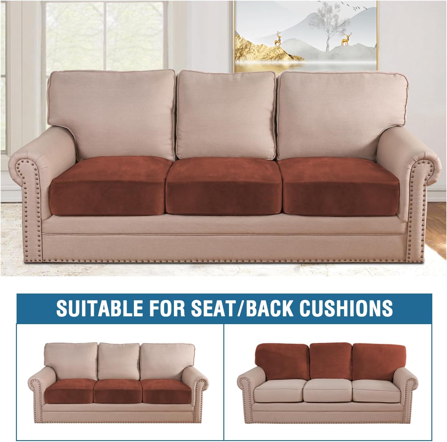 H.VERSAILTEX Velvet Stretch Couch Cushion Cover Plush Cushion Slipcover for Chair Loveseat Sofa Cushion Furniture Protector Seat Cushion Sofa Cover (3 Piece Sofa Cushion Covers, Rust)