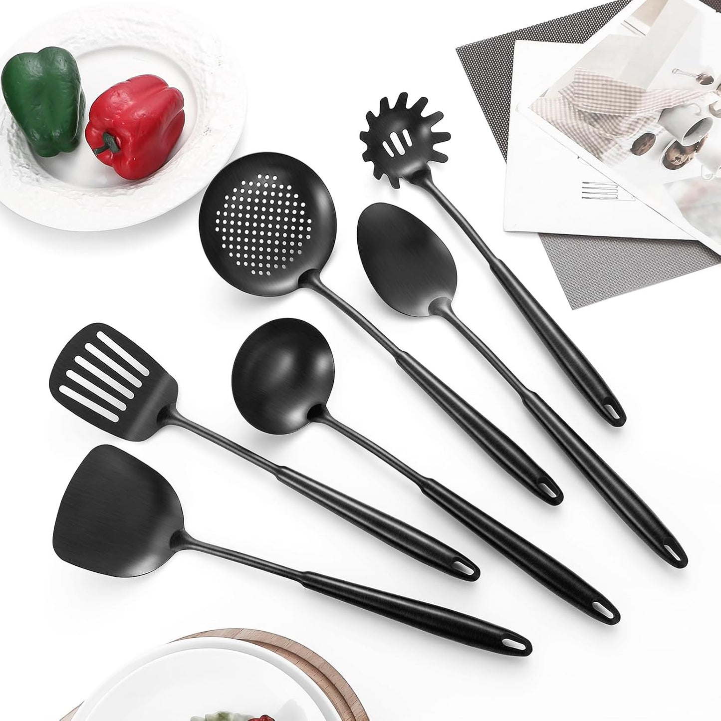 304 Stainless Steel Cooking Utensils,6 Pcs Kitchen Cooking Utensils Set with Spatula, Solid Spoon, Ladle, Skimmer, Spaghetti Spoon,Dishwasher Safe(Black)